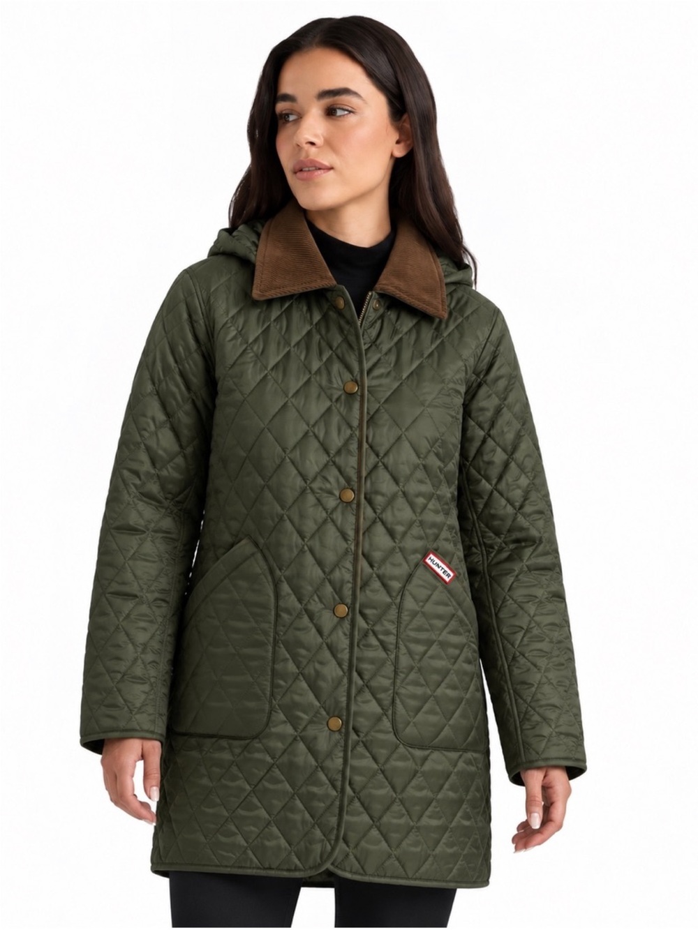 HUNTER Alison Hooded Quilted Barn Coat in BLACK Size S